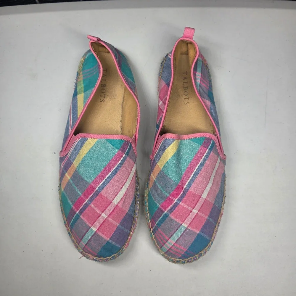 Talbots Womens Plaid Espadrille Flats Pink Blue Yellow Slip On Shoes Size 9.5M